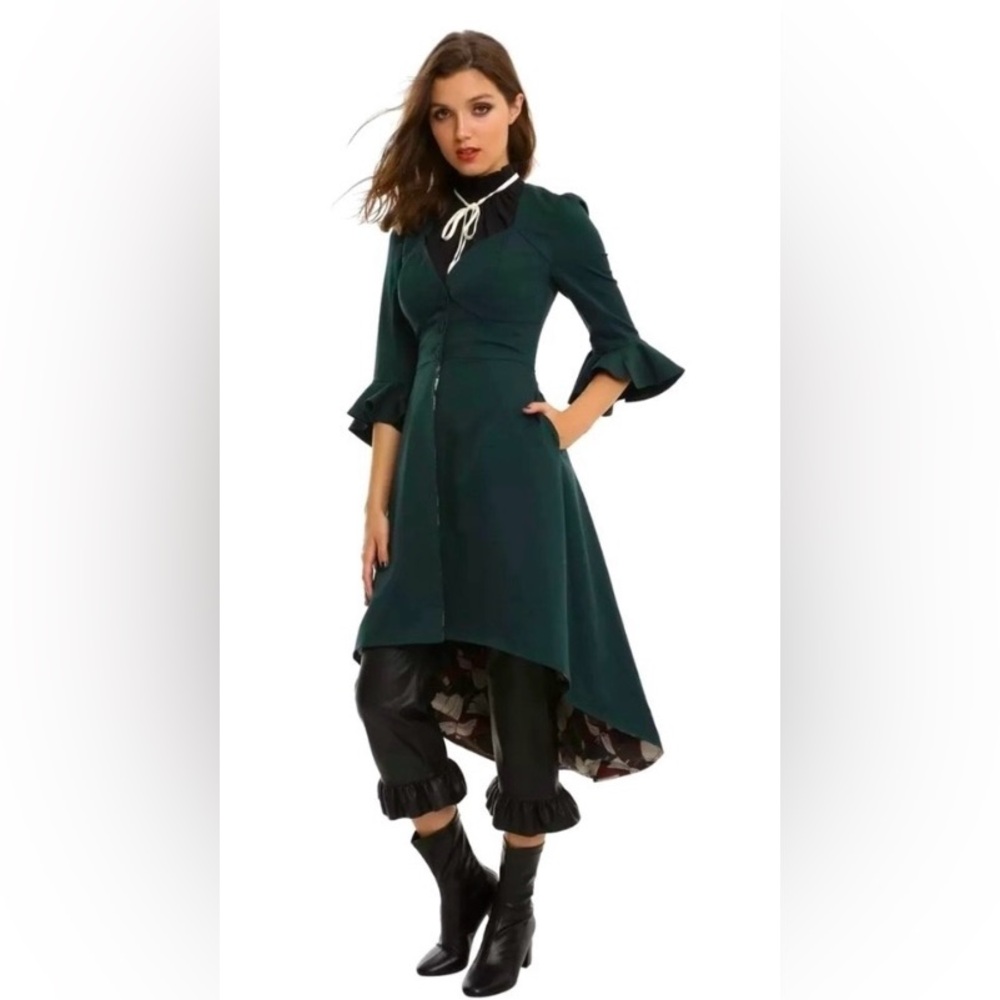 NWT Hot Topic Harry Potter Dark Green High Low coat dress with Ruffle Sleeves